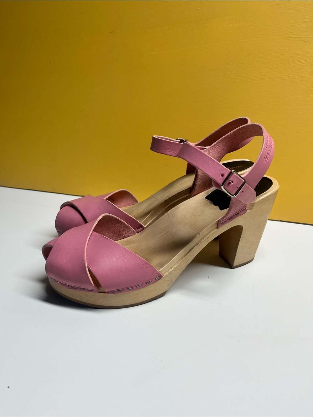 Swedish Hasbeens Pink Women's Leather Clog Sandals with Ankle Strap